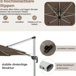 Ø 330 cm Sonnenschirm mit Kurbel & UPF 50+ um 360° Drehbarer Ampelschirm Gartenschirm