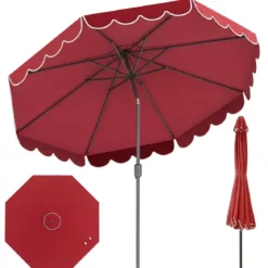 Ø300 cm Sonnenschirm mit Kurbel & Volant Gartenschirm Beidseitig um 30° Knickbar Beige/Braun/Rot