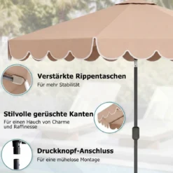 Ø300 cm Sonnenschirm mit Kurbel & Volant Gartenschirm Beidseitig um 30° Knickbar Beige/Braun/Rot