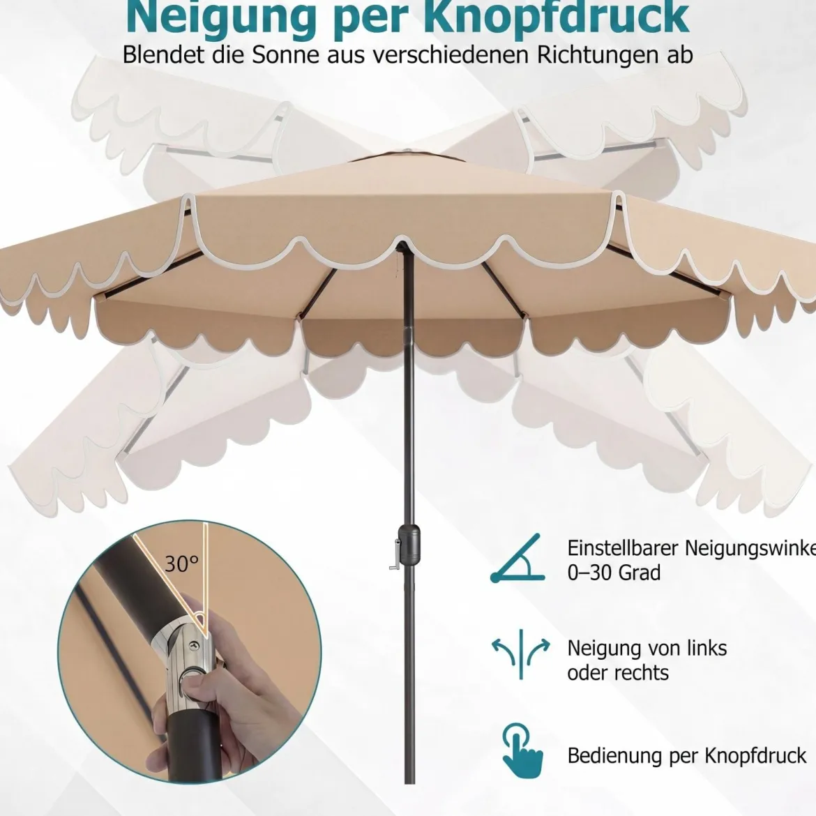 Ø300 cm Sonnenschirm mit Kurbel & Volant Gartenschirm Beidseitig um 30° Knickbar Beige/Braun/Rot