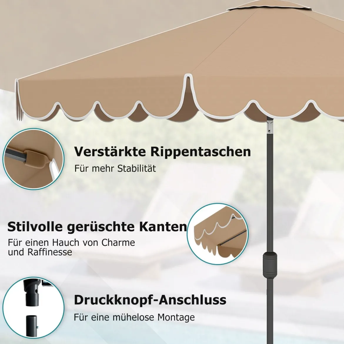 Ø300 cm Sonnenschirm mit Kurbel & Volant Gartenschirm Beidseitig um 30° Knickbar Beige/Braun/Rot