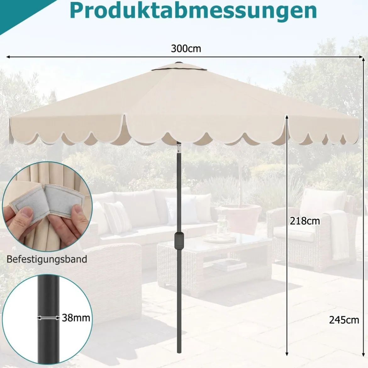 Ø300 cm Sonnenschirm mit Kurbel & Volant Gartenschirm Beidseitig um 30° Knickbar Beige/Braun/Rot
