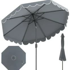 Ø300 cm Sonnenschirm mit Kurbel & Volant Gartenschirm Beidseitig um 30° Knickbar Beige/Braun/Rot