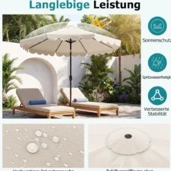 Ø300 cm Sonnenschirm mit Kurbel & Volant Gartenschirm Beidseitig um 30° Knickbar Beige/Braun/Rot