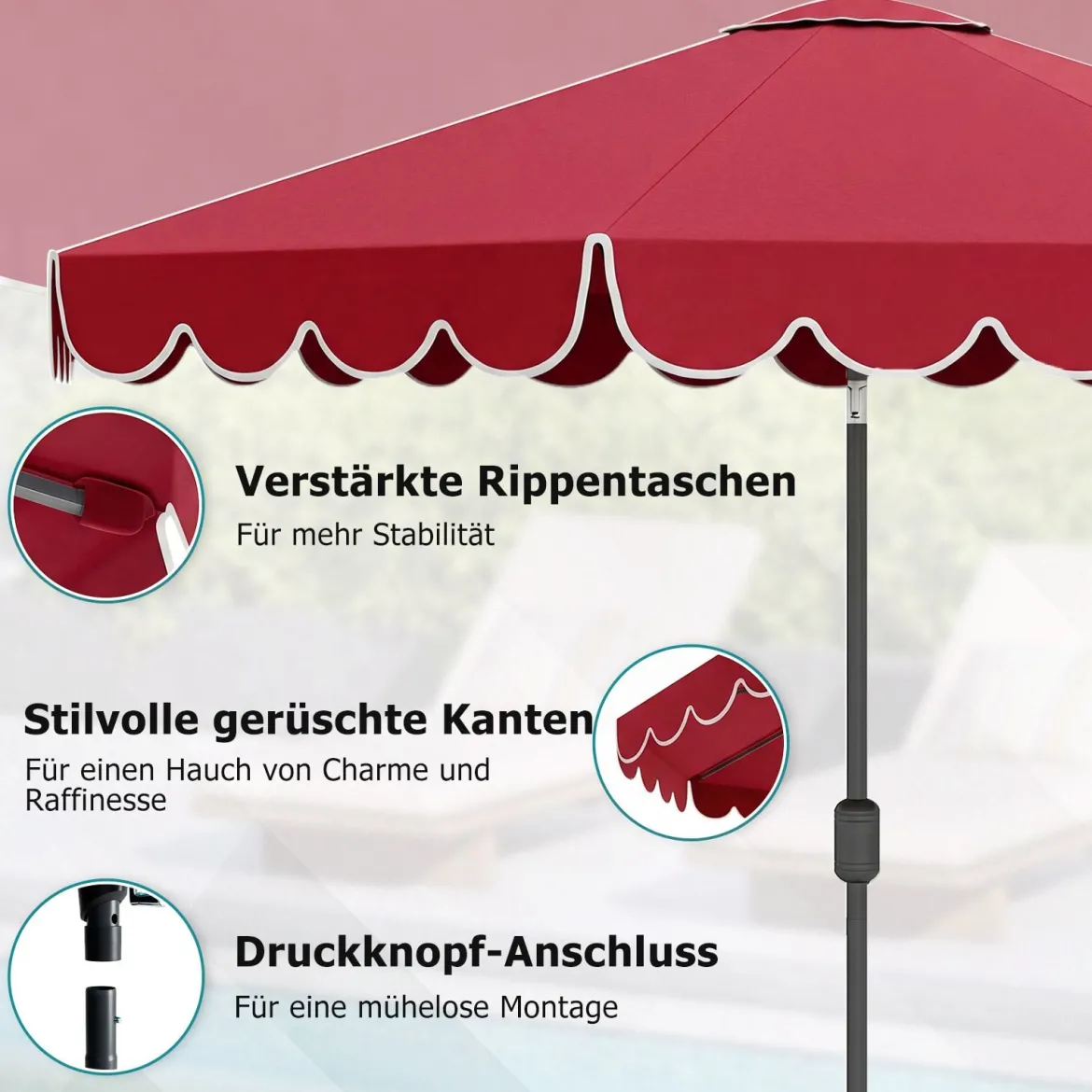 Ø300 cm Sonnenschirm mit Kurbel & Volant Gartenschirm Beidseitig um 30° Knickbar Beige/Braun/Rot