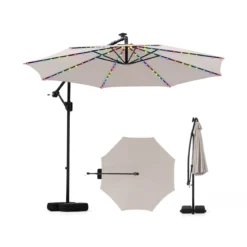 300 cm Sonnenschirm mit LED-Beleuchtung 9 Modi Ampelschirm mit Sandsäcken & Kurbel Neigungswinkel verstellbar Beige