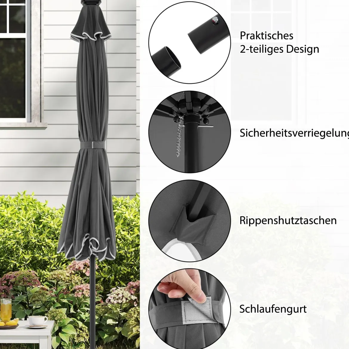 300 cm Sonnenschirm mit LED-Beleuchtung Gartenschirm mit Kurbel und Volant beidseitig um 35° knickbar Grau