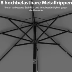 300 cm Sonnenschirm mit LED-Beleuchtung Gartenschirm mit Kurbel und Volant beidseitig um 35° knickbar Grau