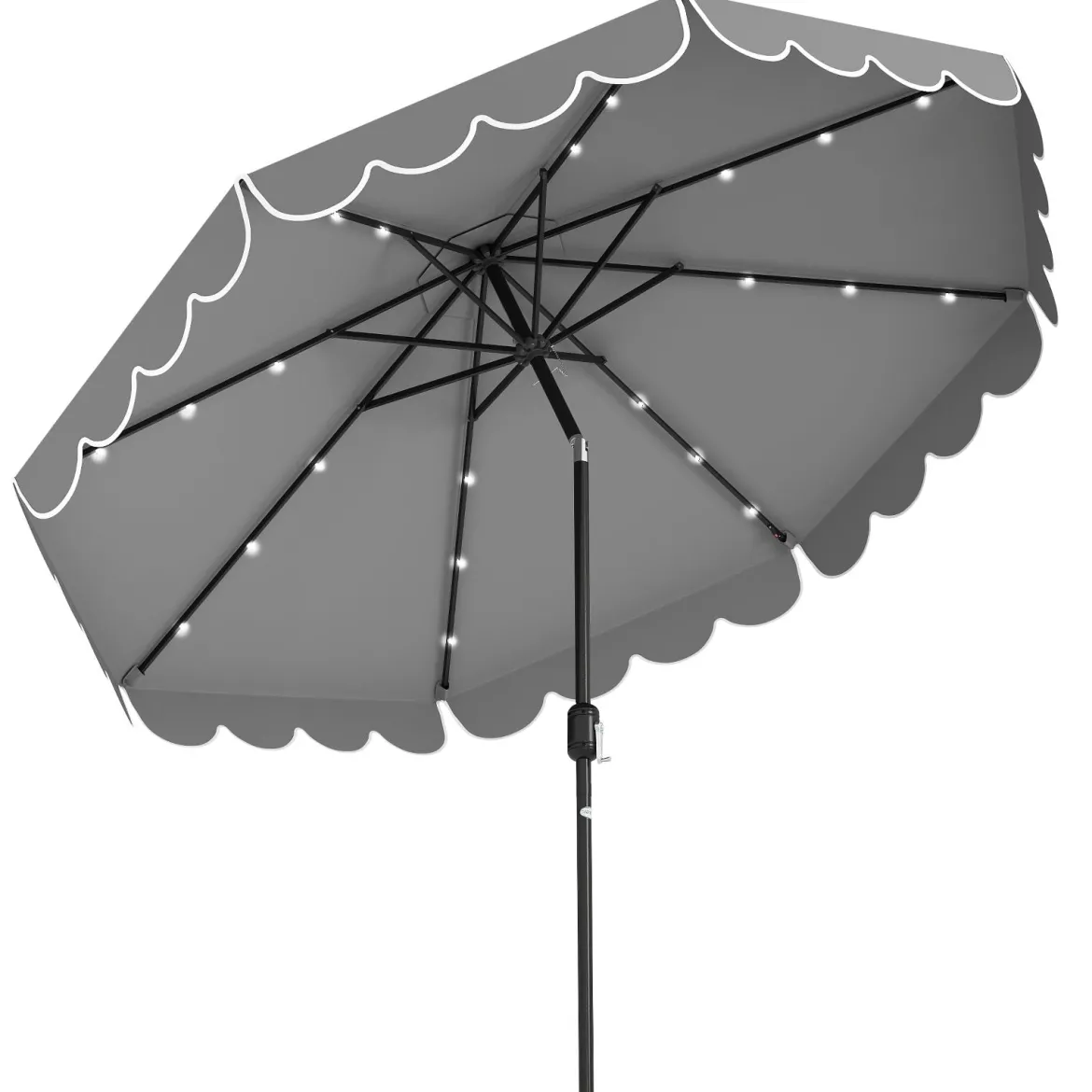 300 cm Sonnenschirm mit LED-Beleuchtung Gartenschirm mit Kurbel und Volant beidseitig um 35° knickbar Grau