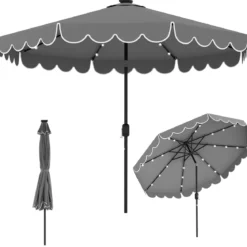 300 cm Sonnenschirm mit LED-Beleuchtung Gartenschirm mit Kurbel und Volant beidseitig um 35° knickbar Grau