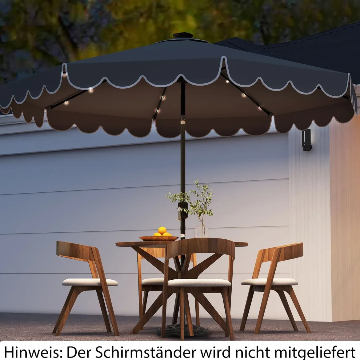 300 cm Sonnenschirm mit LED-Beleuchtung Gartenschirm mit Kurbel und Volant beidseitig um 35° knickbar Grau
