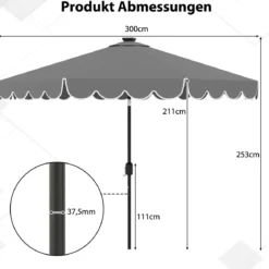 300 cm Sonnenschirm mit LED-Beleuchtung Gartenschirm mit Kurbel und Volant beidseitig um 35° knickbar Grau