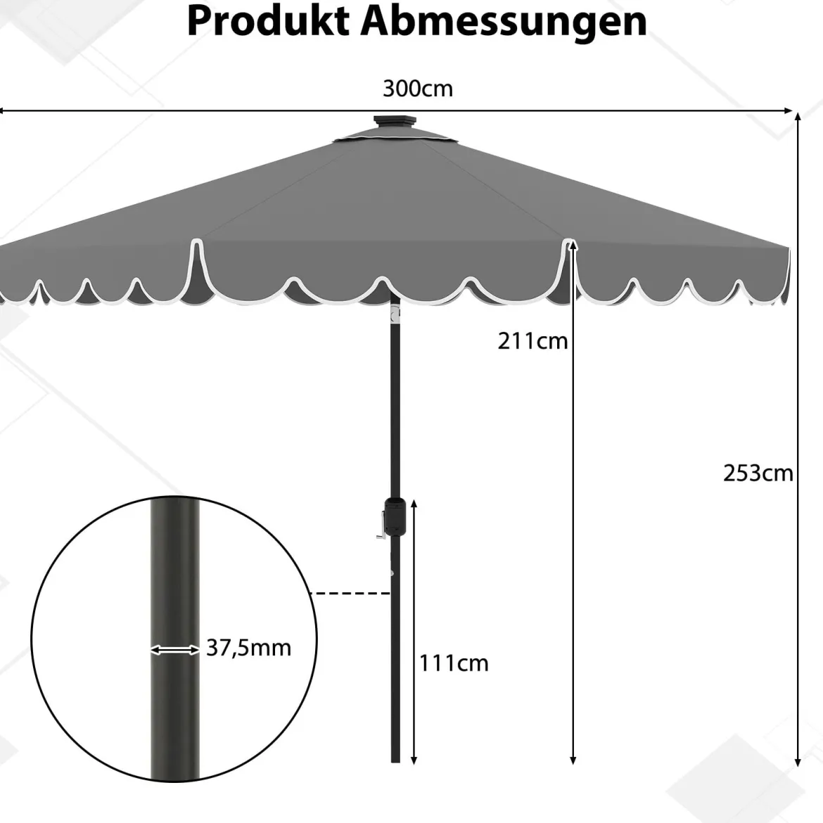 300 cm Sonnenschirm mit LED-Beleuchtung Gartenschirm mit Kurbel und Volant beidseitig um 35° knickbar Grau