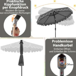 300 cm Sonnenschirm mit LED-Beleuchtung Gartenschirm mit Kurbel und Volant beidseitig um 35° knickbar Grau