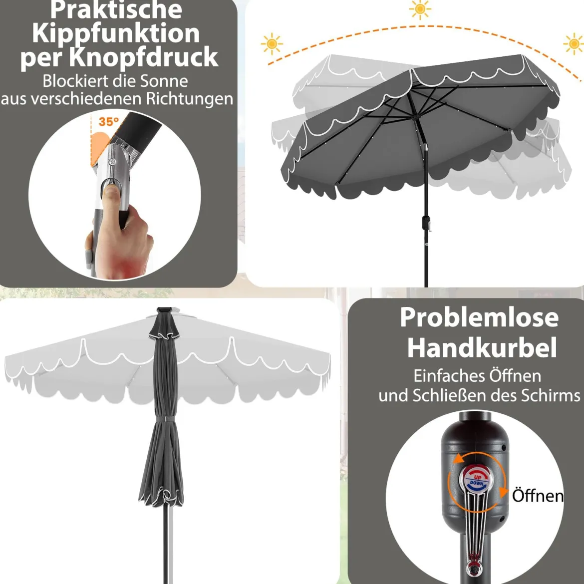 300 cm Sonnenschirm mit LED-Beleuchtung Gartenschirm mit Kurbel und Volant beidseitig um 35° knickbar Grau
