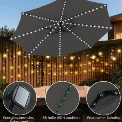 300 cm Sonnenschirm mit LED-Beleuchtung 9 Modi Ampelschirm mit Sandsäcken & Kurbel Neigungswinkel verstellbar Grau