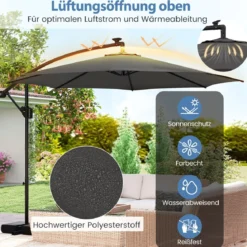 300 cm Sonnenschirm mit LED-Beleuchtung 9 Modi Ampelschirm mit Sandsäcken & Kurbel Neigungswinkel verstellbar Grau