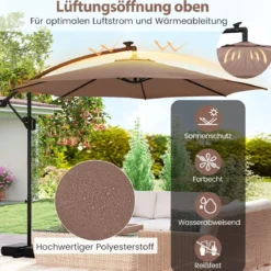 300 cm Sonnenschirm mit LED-Beleuchtung 9 Modi Ampelschirm mit Sandsäcken & Kurbel Neigungswinkel verstellbar Braun