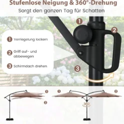 300 cm Sonnenschirm mit LED-Beleuchtung 9 Modi Ampelschirm mit Sandsäcken & Kurbel Neigungswinkel verstellbar Braun