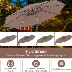 300 cm Sonnenschirm mit LED-Beleuchtung 9 Modi Ampelschirm mit Sandsäcken & Kurbel Neigungswinkel verstellbar Braun