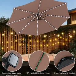 300 cm Sonnenschirm mit LED-Beleuchtung 9 Modi Ampelschirm mit Sandsäcken & Kurbel Neigungswinkel verstellbar Braun