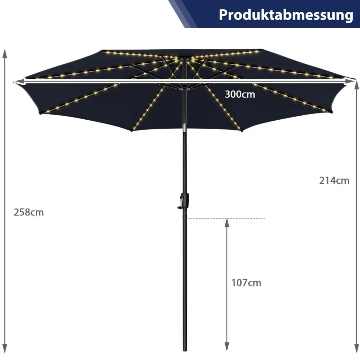 Ø300cm Sonnenschirm mit 112 LED-Leuchten Gartenschirm Navyblau