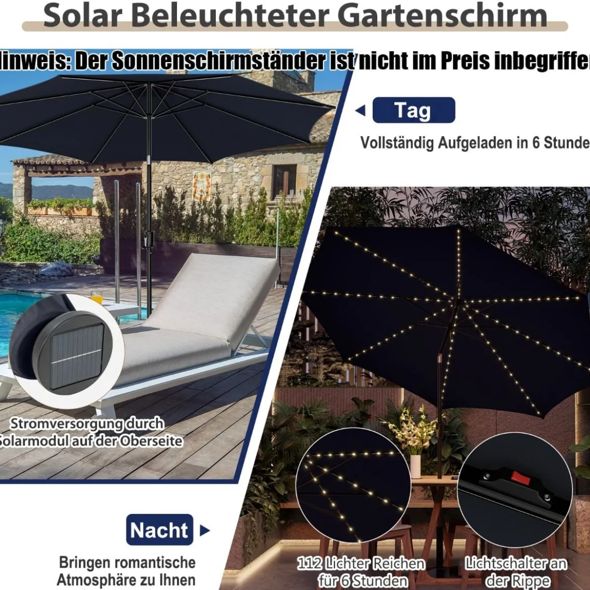 Ø300cm Sonnenschirm mit 112 LED-Leuchten Gartenschirm Navyblau