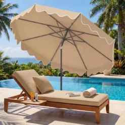 270 cm Sonnenschirm mit Rüschen & Handkurbel Terrassenschirm Beidseitig 30° Knickbar Marineblau/Braun/Beige