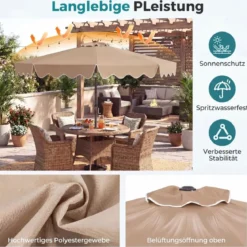 270 cm Sonnenschirm mit Rüschen & Handkurbel Terrassenschirm Beidseitig 30° Knickbar Marineblau/Braun/Beige