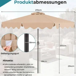 270 cm Sonnenschirm mit Rüschen & Handkurbel Terrassenschirm Beidseitig 30° Knickbar Marineblau/Braun/Beige