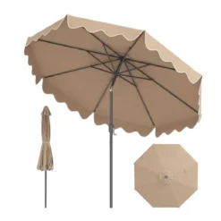 270 cm Sonnenschirm mit Rüschen & Handkurbel Terrassenschirm Beidseitig 30° Knickbar Marineblau/Braun/Beige