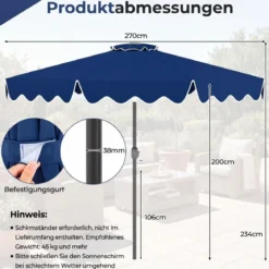 270 cm Sonnenschirm mit Rüschen & Handkurbel Terrassenschirm Beidseitig 30° Knickbar Marineblau/Braun/Beige
