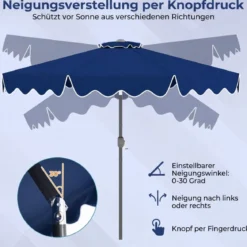 270 cm Sonnenschirm mit Rüschen & Handkurbel Terrassenschirm Beidseitig 30° Knickbar Marineblau/Braun/Beige
