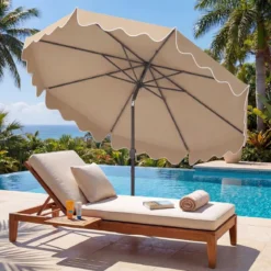 270 cm Sonnenschirm mit Rüschen & Handkurbel Terrassenschirm Beidseitig 30° Knickbar Marineblau/Braun/Beige