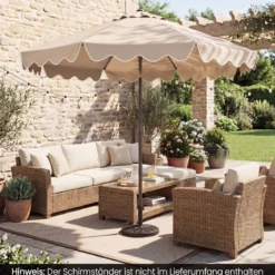 270 cm Sonnenschirm mit Rüschen & Handkurbel Terrassenschirm Beidseitig 30° Knickbar Marineblau/Braun/Beige