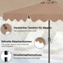 270 cm Sonnenschirm mit Rüschen & Handkurbel Terrassenschirm Beidseitig 30° Knickbar Marineblau/Braun/Beige