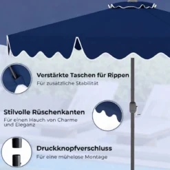 270 cm Sonnenschirm mit Rüschen & Handkurbel Terrassenschirm Beidseitig 30° Knickbar Marineblau/Braun/Beige