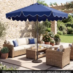 270 cm Sonnenschirm mit Rüschen & Handkurbel Terrassenschirm Beidseitig 30° Knickbar Marineblau/Braun/Beige