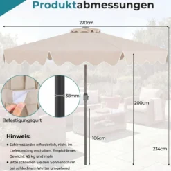 270 cm Sonnenschirm mit Rüschen & Handkurbel Terrassenschirm Beidseitig 30° Knickbar Marineblau/Braun/Beige