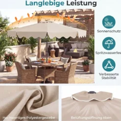 270 cm Sonnenschirm mit Rüschen & Handkurbel Terrassenschirm Beidseitig 30° Knickbar Marineblau/Braun/Beige
