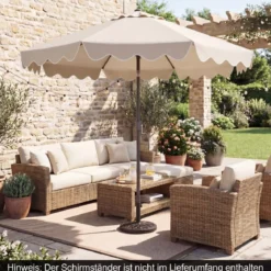 270 cm Sonnenschirm mit Rüschen & Handkurbel Terrassenschirm Beidseitig 30° Knickbar Marineblau/Braun/Beige