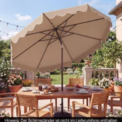 270 cm Sonnenschirm mit Rüschen & Handkurbel Terrassenschirm Beidseitig 30° Knickbar Marineblau/Braun/Beige