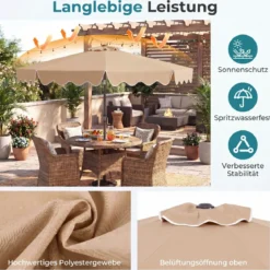 270 cm Sonnenschirm mit Rüschen & Handkurbel Terrassenschirm Beidseitig 30° Knickbar Marineblau/Braun/Beige