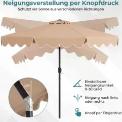 270 cm Sonnenschirm mit Rüschen & Handkurbel Terrassenschirm Beidseitig 30° Knickbar Marineblau/Braun/Beige