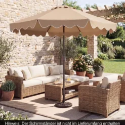 270 cm Sonnenschirm mit Rüschen & Handkurbel Terrassenschirm Beidseitig 30° Knickbar Marineblau/Braun/Beige