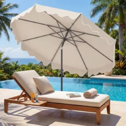 270 cm Sonnenschirm mit Rüschen & Handkurbel Terrassenschirm Beidseitig 30° Knickbar Marineblau/Braun/Beige