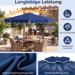 270 cm Sonnenschirm mit Rüschen & Handkurbel Terrassenschirm Beidseitig 30° Knickbar Marineblau/Braun/Beige