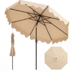 270 cm Sonnenschirm mit Rüschen & Handkurbel Terrassenschirm Beidseitig 30° Knickbar Marineblau/Braun/Beige