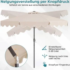270 cm Sonnenschirm mit Rüschen & Handkurbel Terrassenschirm Beidseitig 30° Knickbar Marineblau/Braun/Beige