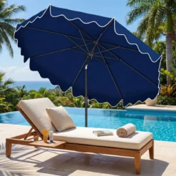 270 cm Sonnenschirm mit Rüschen & Handkurbel Terrassenschirm Beidseitig 30° Knickbar Marineblau/Braun/Beige